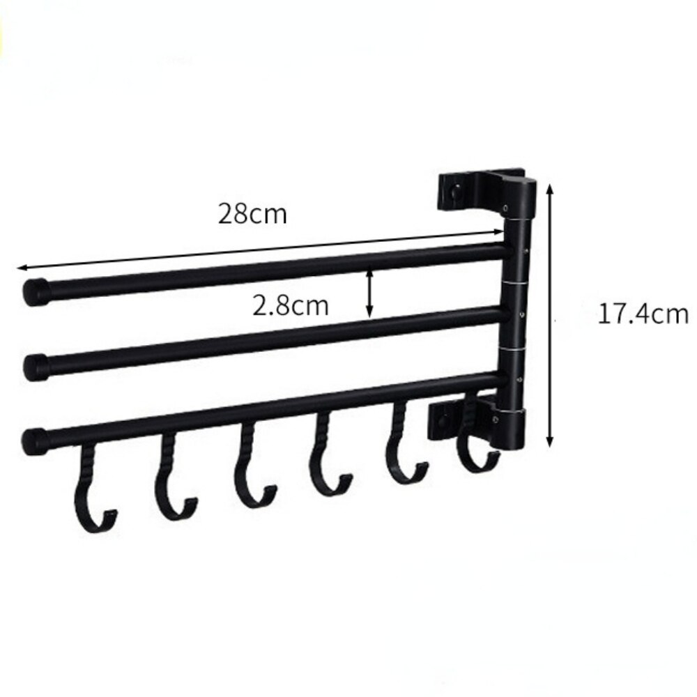 Toallero giratorio para baño, barra de toalla giratoria con soporte de carga fuerte, sin perforaciones, montada en la pared: 3 pole with hook