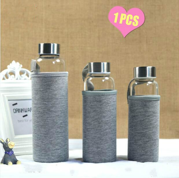 Water Bottle 360/420ml Cute Sport Glass Bottle with Bag Kawaii Eco Friendly Child Bottle Fitness Bike Travel Bottle for Water: 280ml / Gray