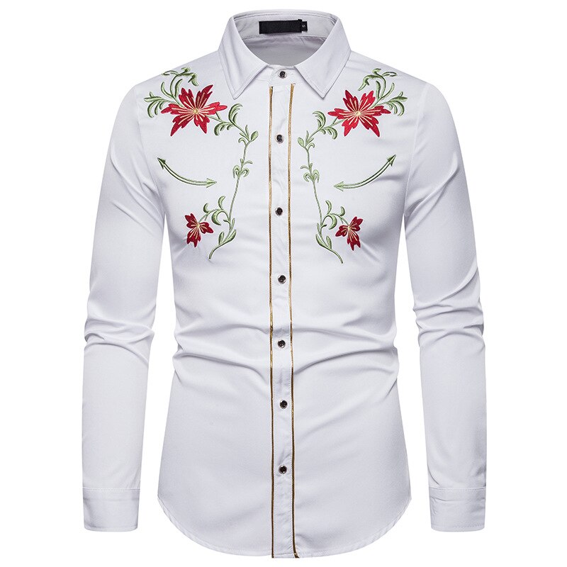 Männer Hemden Westlichen Denim Blume Bestickt Dünne Beiläufige Lange Hülse Zugeknöpft Hemd Männer der Nationalen Wind Bestickte Hemd S-2XL