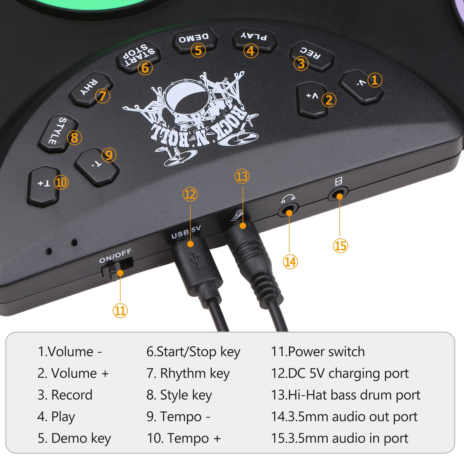Ensemble de batterie électronique pliable en silicone, taille compacte, USB, coussin de batterie avec 9 tampons, pédales pour débutants