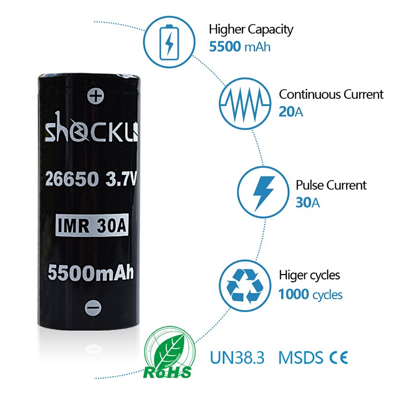 Shockli 26650 5500mAh lithium battery 3.7V 5500mAh 26650 li-ion rechargeable batterie 30A for high power flashlights Emisar D4s