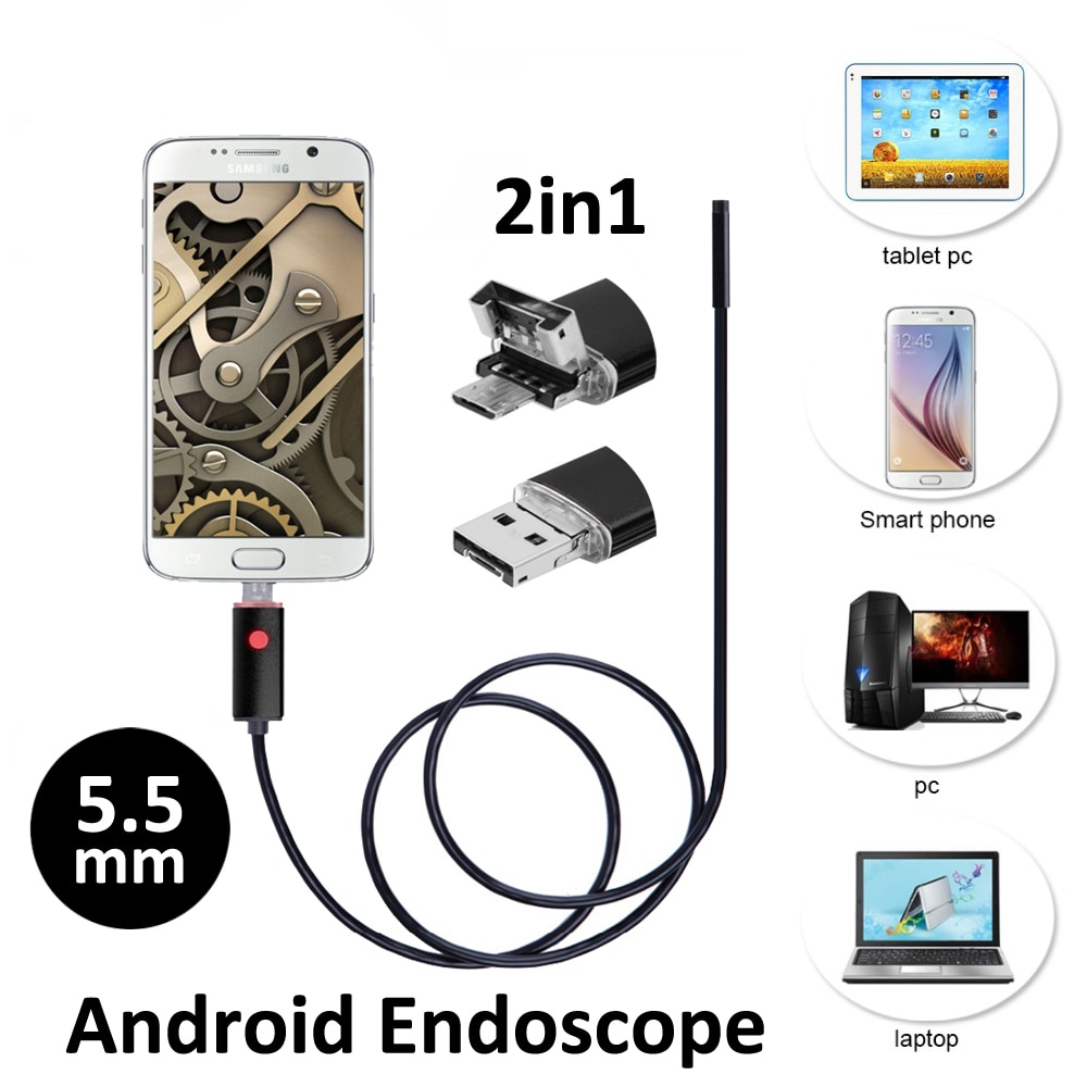 2in1 Android Otg Snake Usb Endoscoop Camera 5.5 Mm 2 M/5 M Smart Android Telefoon Otg Usb Borescope inspectie Snake Tube Camera