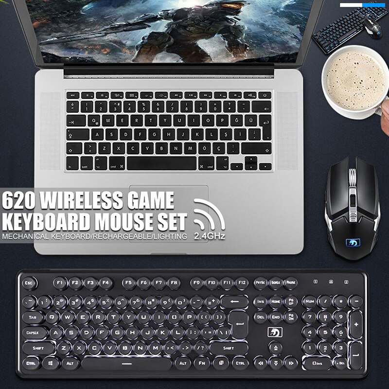 Teclado inalámbrico de 2,4G para videojuegos, periférico con sensación mecánica, retroiluminado RGB, ratón inalámbrico de 2400dpi, Pc, Gamer, teclado Punk