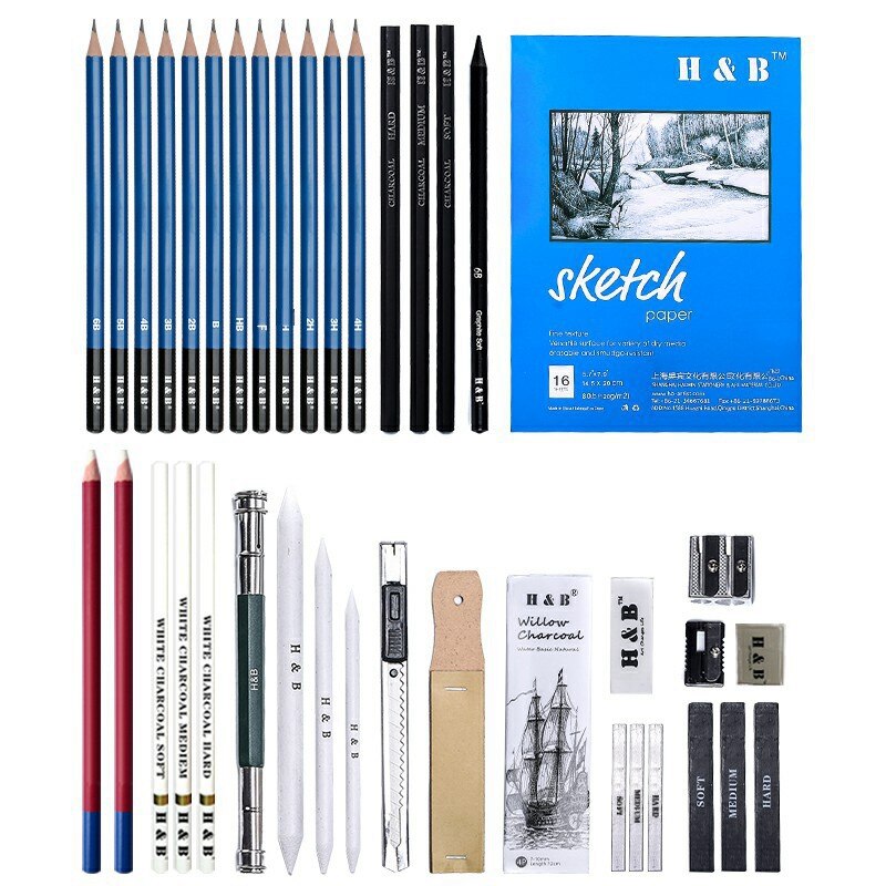 -H & B 45Pcs Art Kit Tekenen En Schetsen Potlood Set Houtskool Potloden Grafiet Potloden Gummen Met Kit Bag accessoires