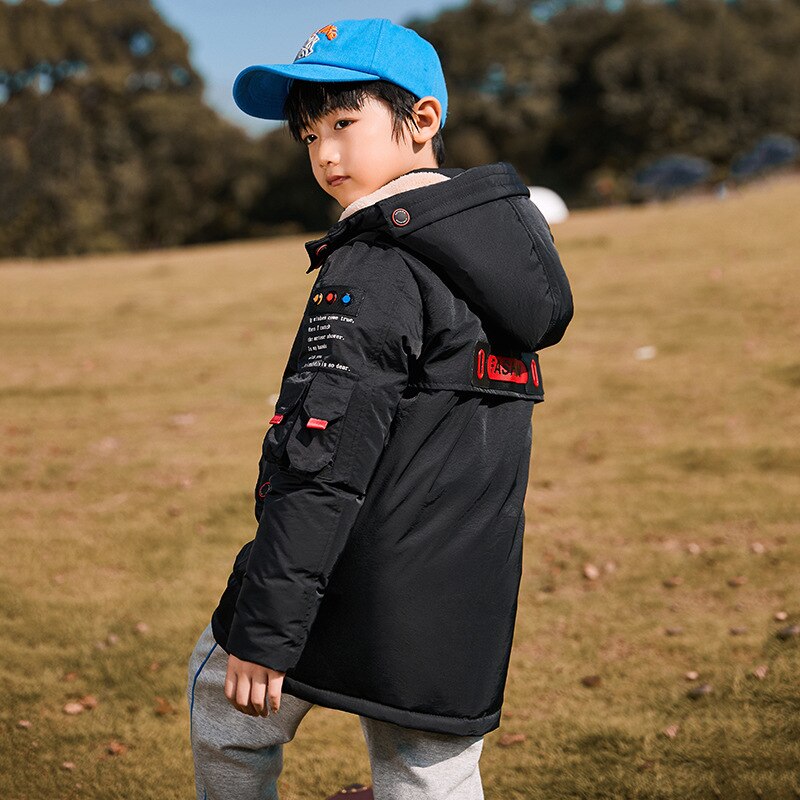 Giacca invernale da bambino per bambini piumino d'anatra parka caldo per bambini cappotto abbigliamento giacca invernale con cappuccio da scuola per ragazzi: Black / 130