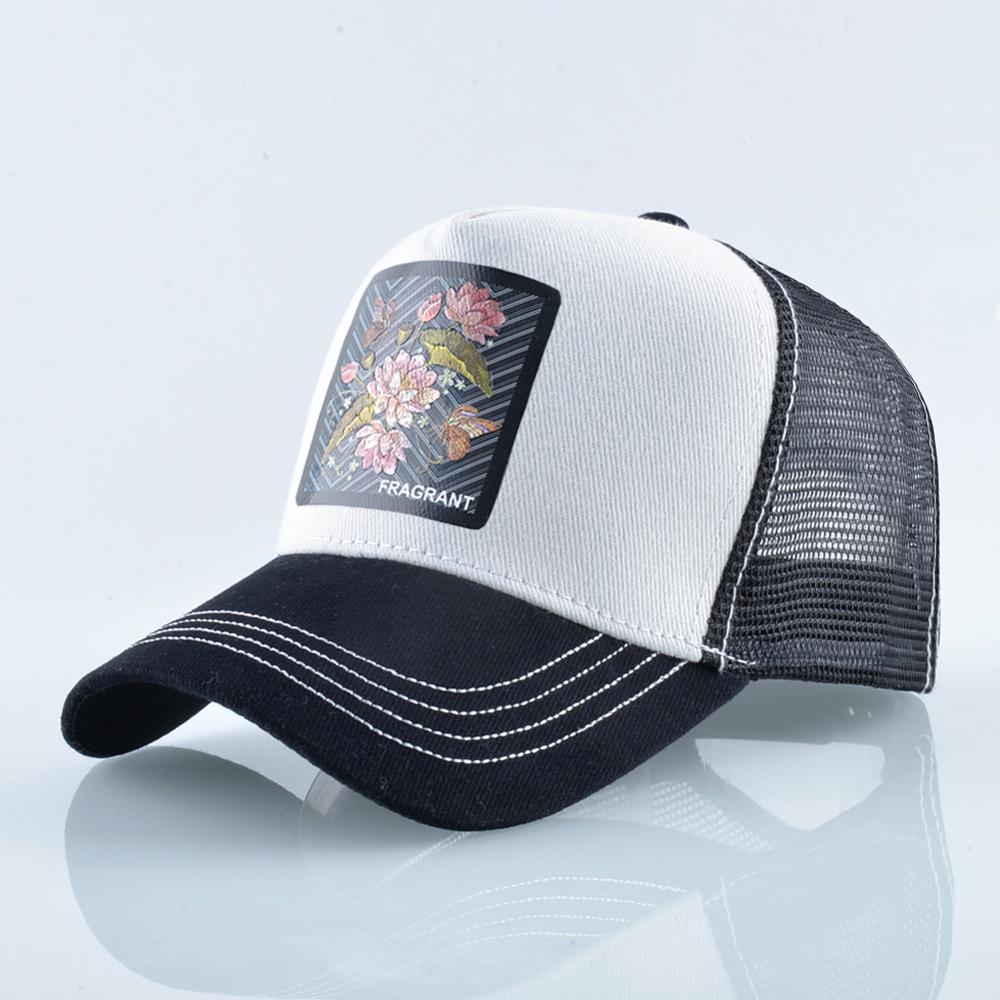 Justerbare baseball caps kvinner sommer pustende snapback pappa lue for menn patch baseball lue utendørs bomull netting lue: Hvit blomst