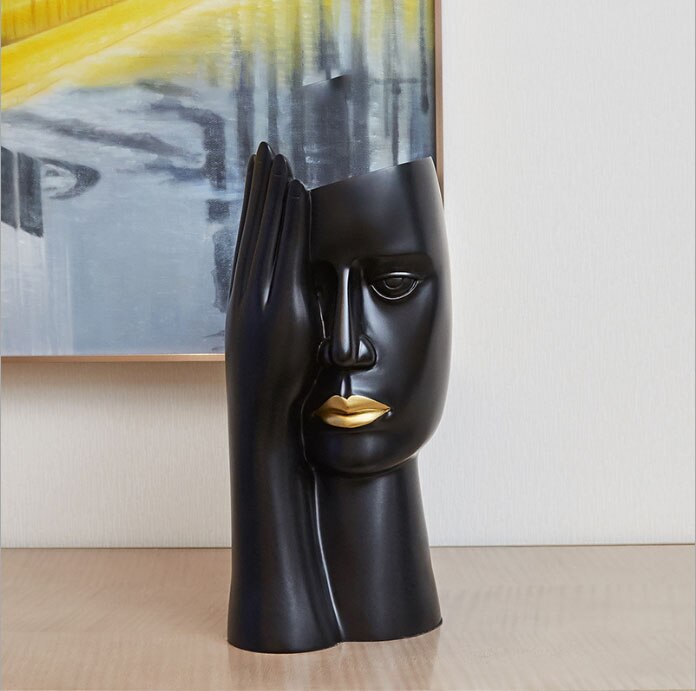 Ermakova minimalistisk portræt vaser harpiks skulptur sort menneskehoved vase gryde kontorbord blomsterarrangement boligindretning.: Sort