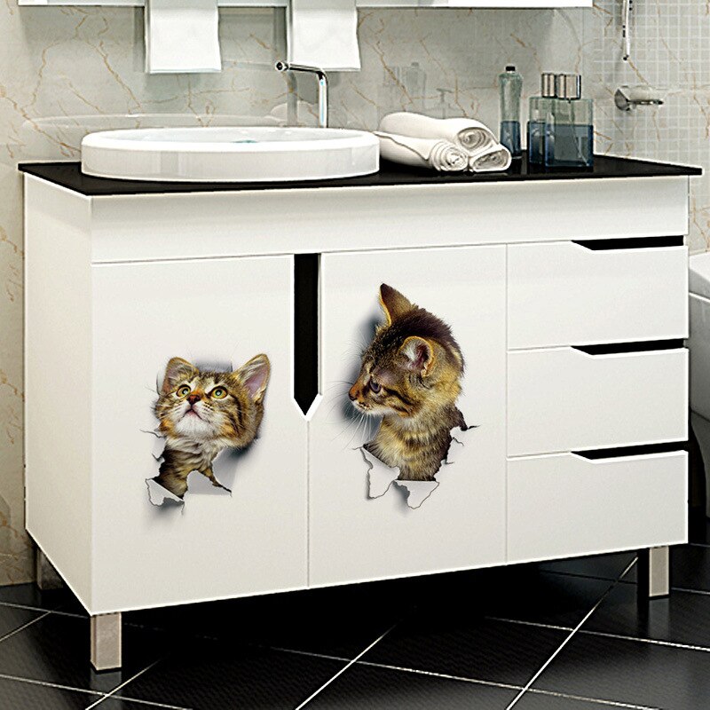 3D Cats Wall Sticker Toilet Stickers Hole View Vivid CatBathroom For Home Decoration Animals Vinyl Decals Art Sticker Poster