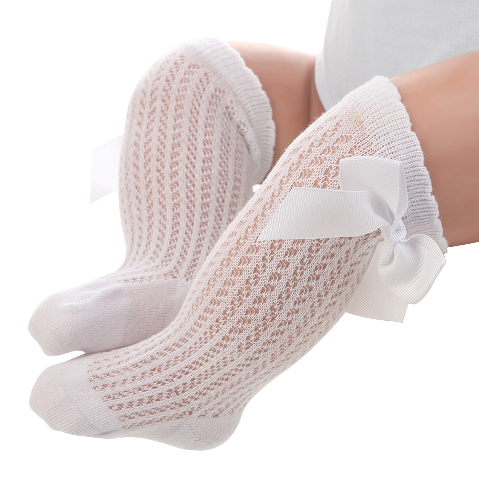 Calcetines de decoración con lazo grande para niñas, medias hasta la rodilla, holgadas, de estilo fino, vestido de princesa, accesorios de disfraces de bautizo: White / M