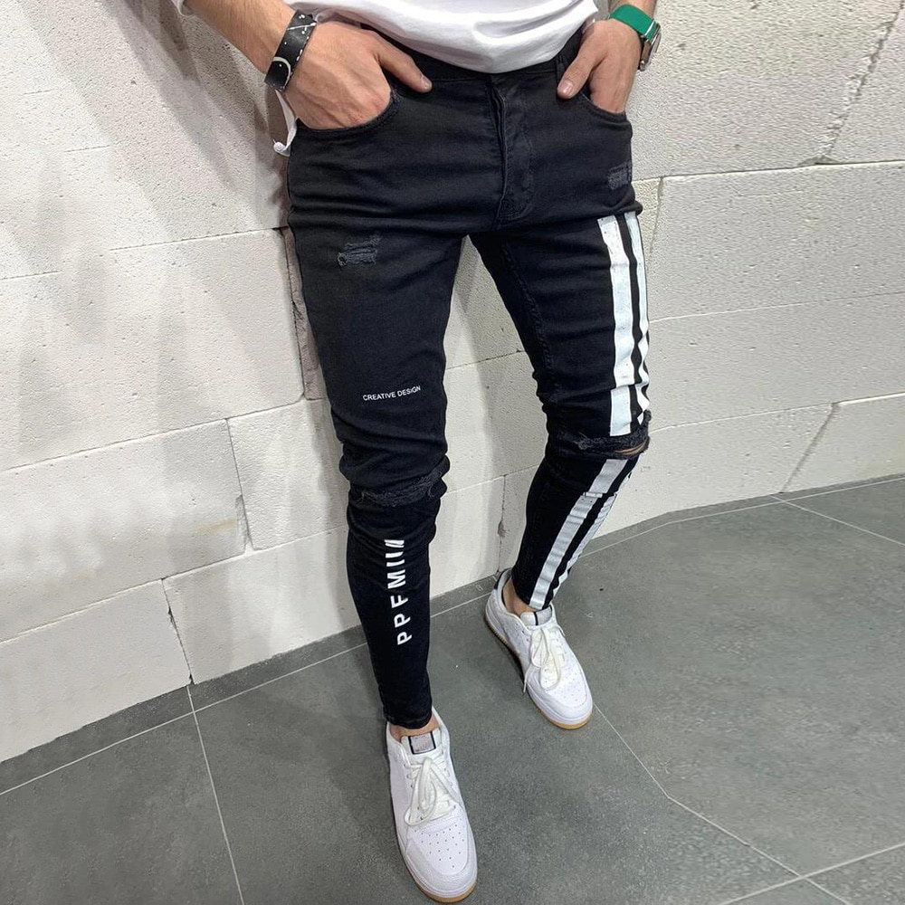 De los hombres flacos Biker vaquera lado rayas Hombre Vaqueros pantalones con rasgado destruido agujero rayado cremallera Slim pantalones D30