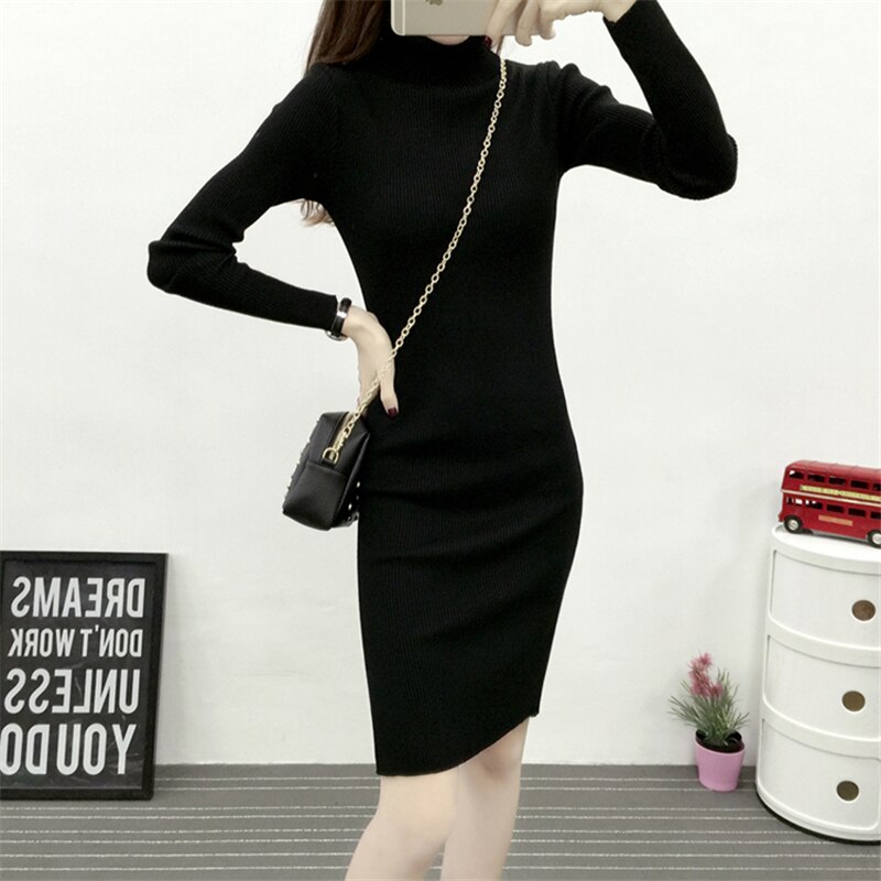 Herfst Winter Vrouwen Gebreide Lange Mouwen Split Coltrui Jurken Slim Bodycon Schede Gebreide Jurk Vestidos SF859