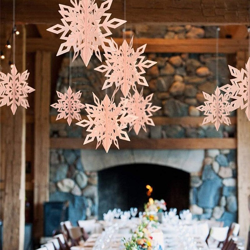 Decoraciones de copos de nieve de Navidad para de Frozen, guirnaldas de papel huecas 3D, adorno de nieve falsa, decoraciones de invierno para el hogar: Pink