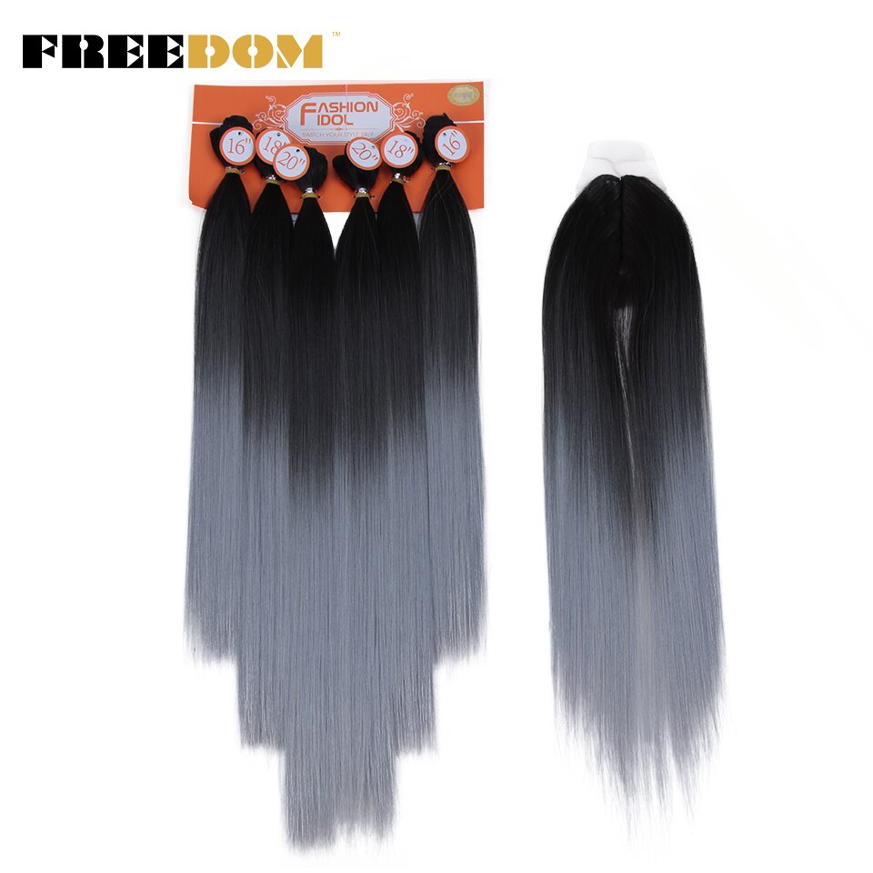 FREEDOM mèches Yaki synthétiques lisses ombrées de 16 à 20 pouces avec Closure, extensions de cheveux, lot de 7 pièces: 3T-60F
