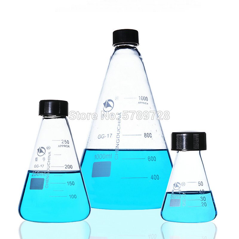 Termo cónico de vidrio de borosilicato, contenedor de vidrio de laboratorio, con tapa espiral negra, capacidad de 50ml a 1000ml, 1 Uds.