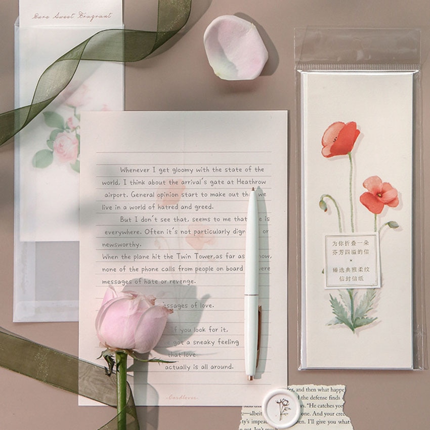 Flower Pattern Letter Pad Envelopes Set 3Pcs Envelope + 3 Sheets Paper Letter Message Greeting Card Paper Letter Stationary