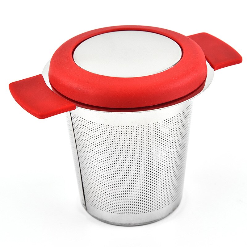 Rustfritt stål teinfusjonskurv gjenbrukbart filter ekstra finmasket tesil med håndtak og lokk til løse te-kaffefiltre: Rød