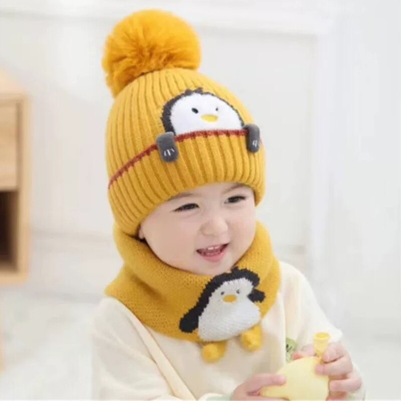 X5QF-gorro tejido de punto para bebé, bufanda de dos piezas, gorros para niños, gorros cálidos con solapa para las orejas, protección para las orejas para niños