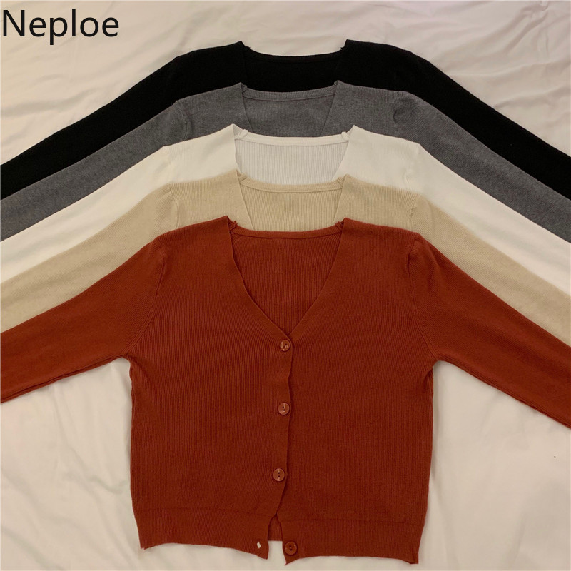 Neploe løs skør stil enkelt bryst sweater cardiagns kvindelig v-hals langærmet strikket jumper pull femme frakke solid løs 48010