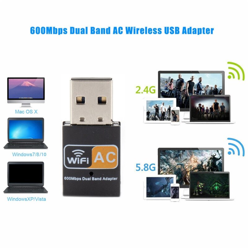 600Mbps Dual Band 2.4GHz 5GHz WiFi Adapter USB Wireless 802.11ac/a/b/g/n Dongle