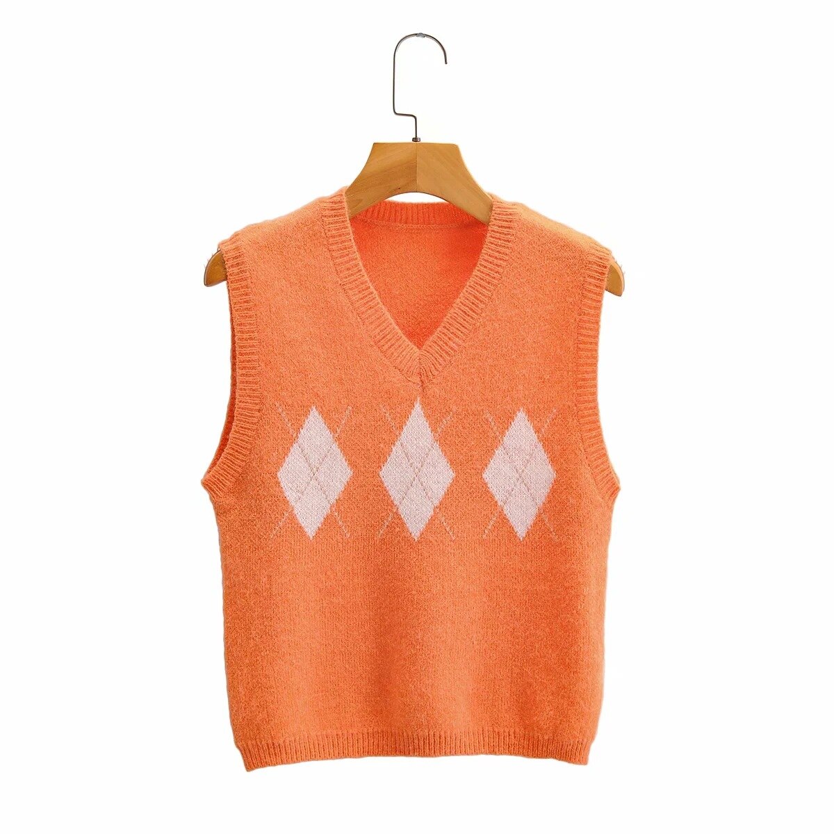 Preppy stil geometrisk plaid strikket vest sweater kvinder efterår vinter v-hals ærmeløs pullover dame sweater toppe: B