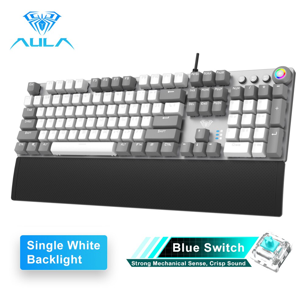 AULA Mechanical Gaming Keyboard White-Light 104 Anti-ghosting Blue/Black Switch Wired Backlight Keyboard for PC Gamer English: Gray-blue