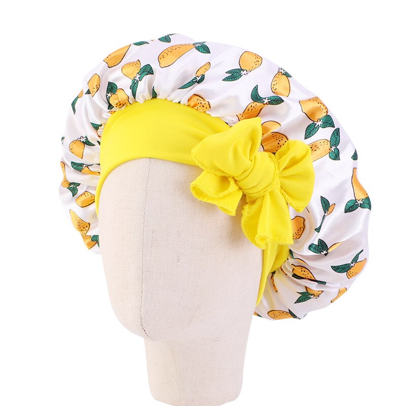 Gorro de satén para dormir para niño y niña, gorro de ducha de seda para niño, gorro de pelo para niño y niña, gorro de dormir de seda con lazo de banda estampado de flores: YELLOW