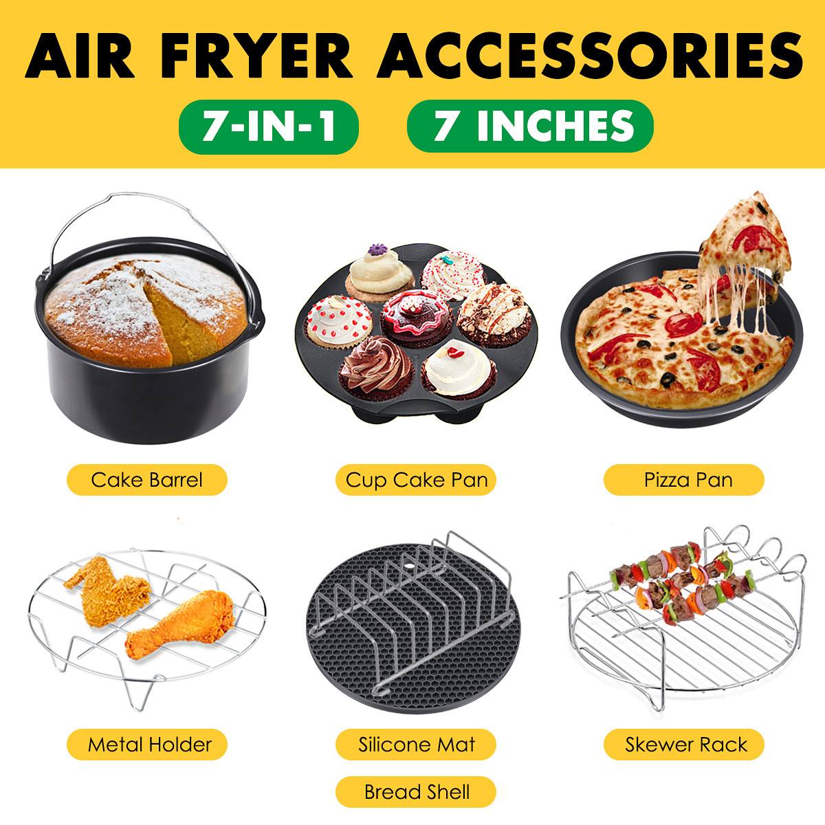 7 tommer 7 stk airfryer tilbehør sæt husholdningskøkken grill madlavning bageværktøj passer til 3.2-6.8qt air fryer