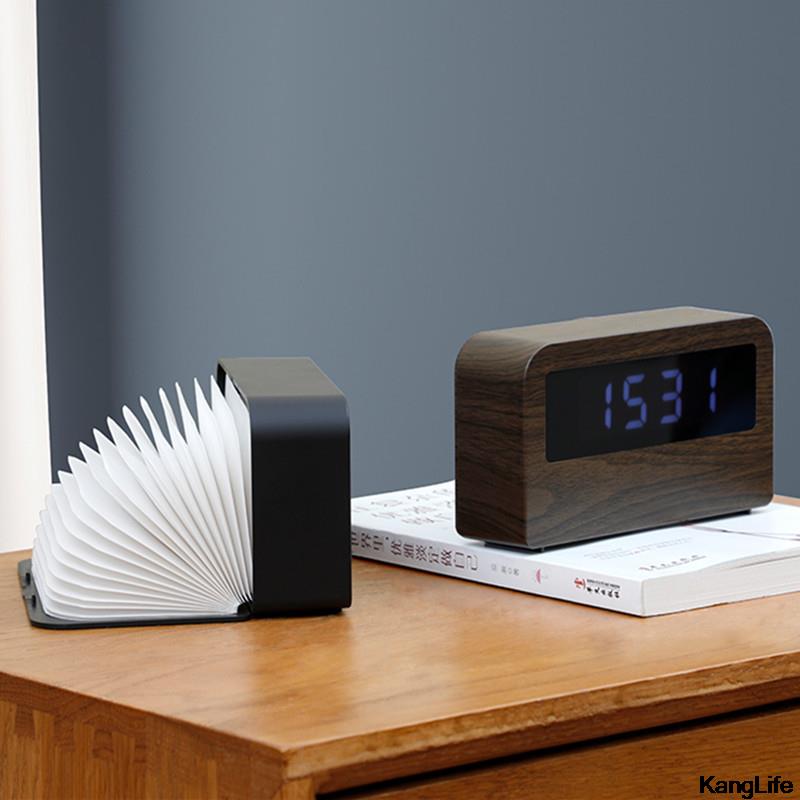 Houten Klok Tijd Licht Desktop Flip Folding Led Book Light Slaapkamer Nachtkastje Usb Opladen Kleurrijke Nachtlampje Homedecorations
