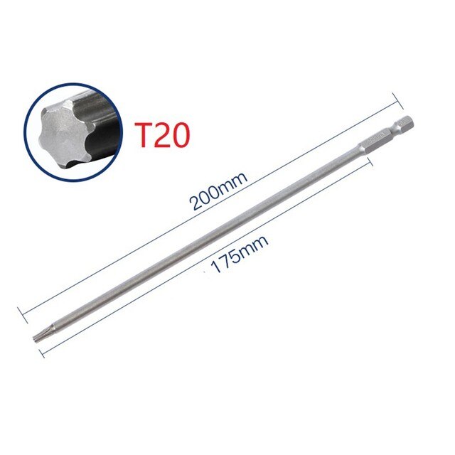 Juego de puntas de destornillador Torx magnético de 200mm de largo, cabeza de destornillador eléctrico T10, T15, T20, T25, T27, T30, 1 ud.: T20