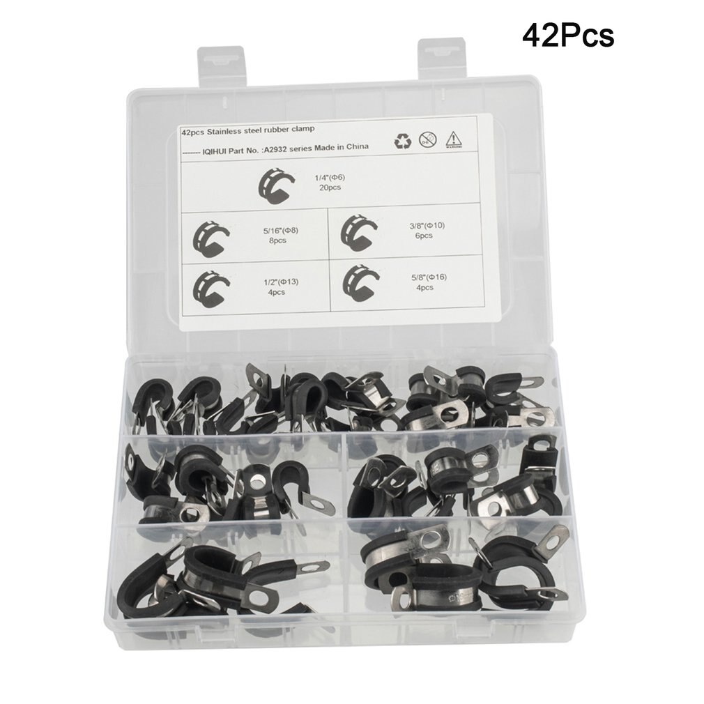 55 stuks 5 maten rubberen, roestvrijstalen slangklem, kabelklem, metalen klem, buishouder voor buissnoerinstallatie: 42 stuks 24 roosters