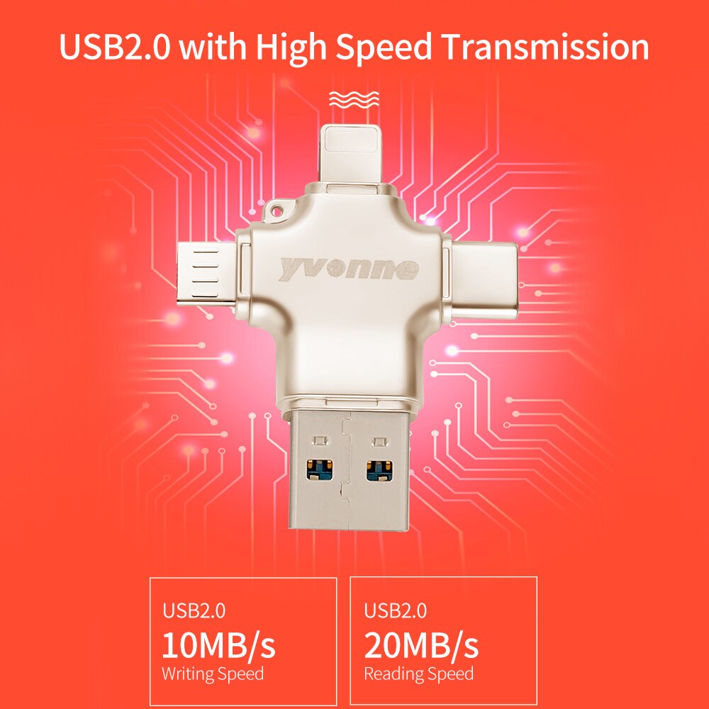 yvonne Y23 USB2.0 U Disk 32GB 16GB USB Lightnning Micro USB Type-C Four-In-One High Speed OTG U Disk for Phone/PC/Laptop Silver