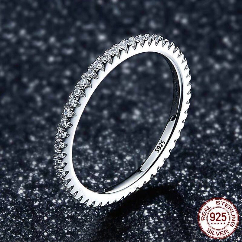 S925 Zilver Kleur Ronde Kleine Zirconia Diamond Ringen Voor Vrouwen Classic Eenvoudige Trendy Stapelen Wedding Band Fijne Sieraden R094