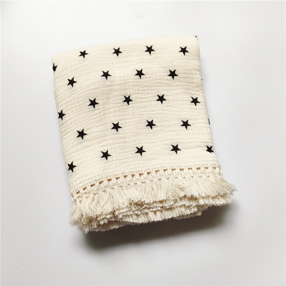 Bebé de muselina de algodón impreso Manta con borla para recibir a recién nacidos bebé gasa de Swaddle niños durmiendo colcha cubierta de cama: star