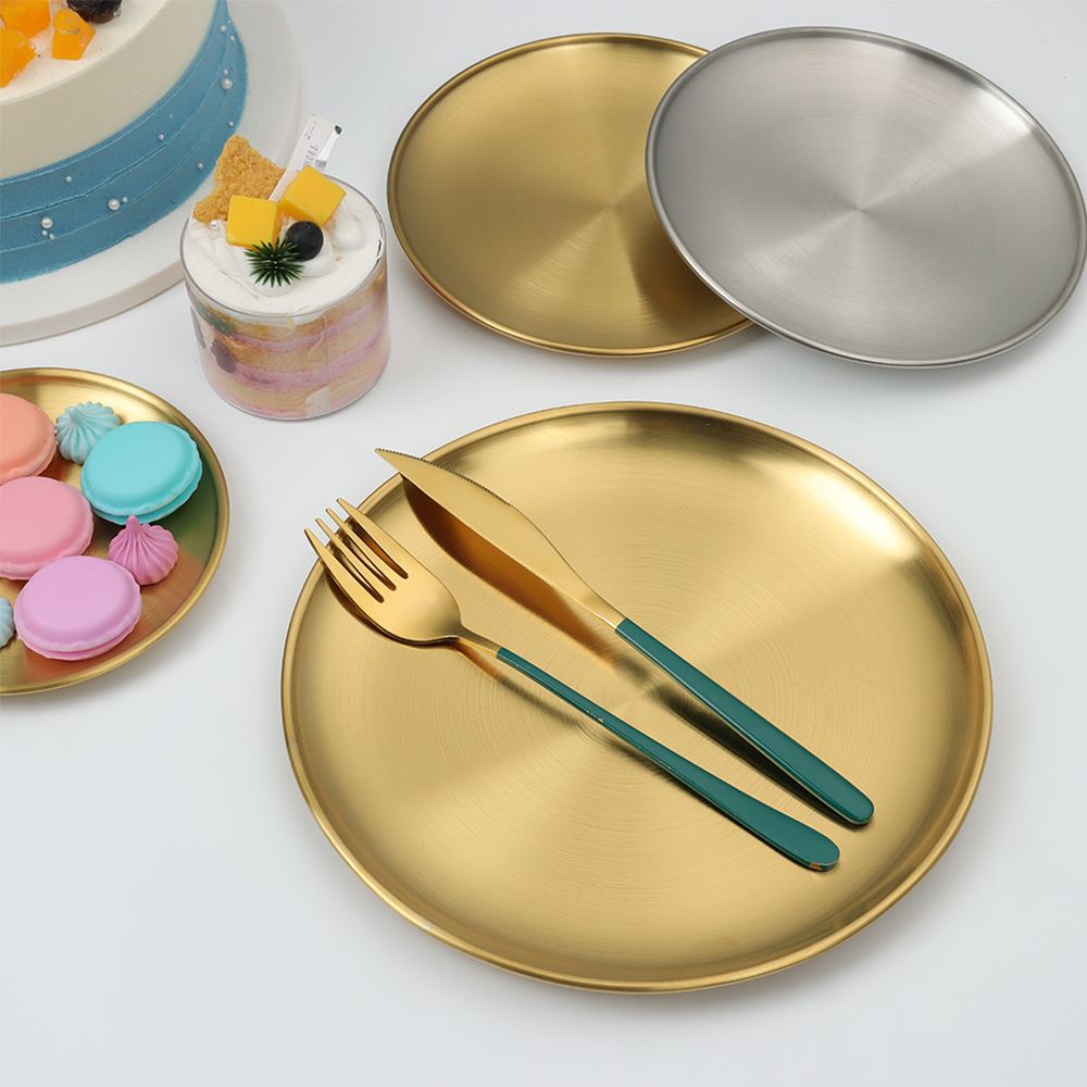 1 pc Stainless Steel Gold Silver Shallow Tray Bone Spitting Dish Fruit Meat Metal Dining Disc Round Plate Cake Dessert Tableware