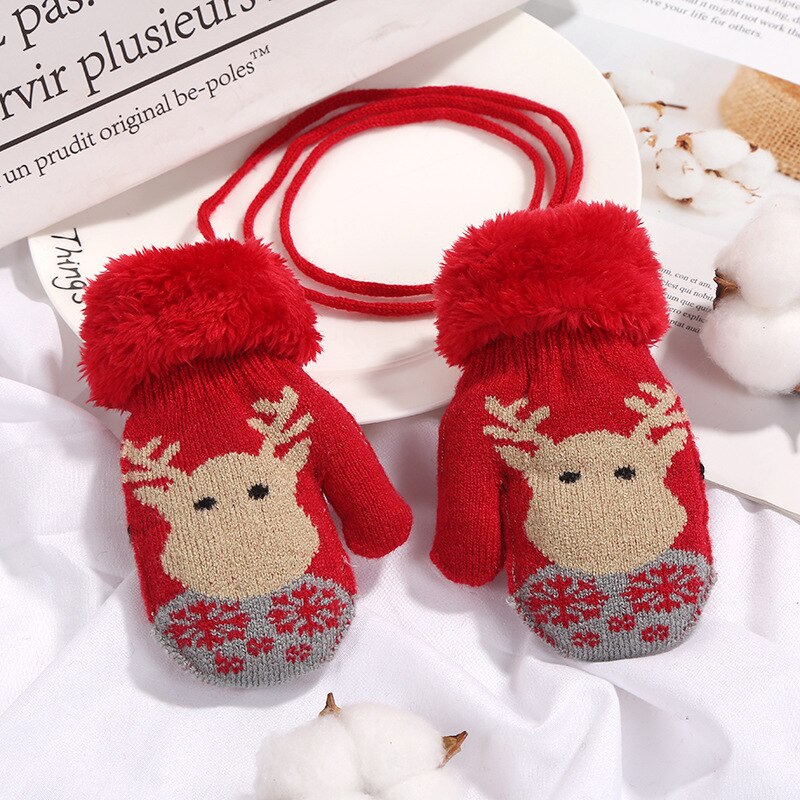 1pair Christmas baby gloves winter knitted Xmas elk mittens kid velvet thick winter warm soft gloves for 1-3Y girls boys: Red