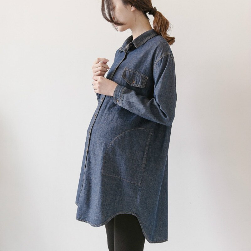 Gravidklänning gravid skjorta långa ärmar på vår höst gravid turn-down krage jeansskjorta toppar plus storlek
