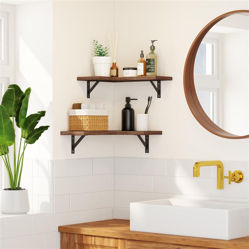 VASAGLE L-Shaped Corner Shelf, Set of 2, Wall Shelf, Industrial Design, Wall Shelves, Living Room, Bedroom, Kitchen, Vintage Brown-Black LLS831B01