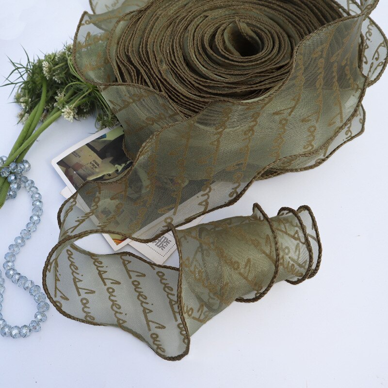 Cinta de Organza con estampado de letras flocadas, borde ondulado para envolver artesanales, decoración del hogar y , 55mm, 5 yardas/lote: Olive green