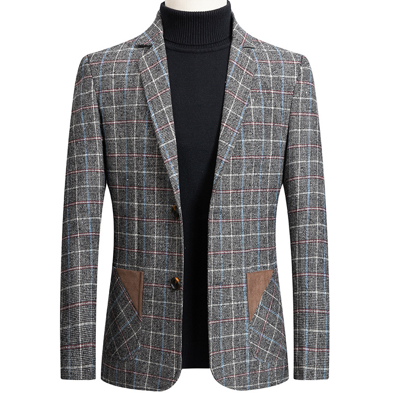 Blazer de estilo británico para hombre, de boda de un solo pecho Chaqueta de vestir, a cuadros, traje ajustado, chaqueta de otoño: Gris / M