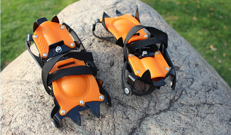 Equipo de escalada ajustable de acero al manganeso, 10 dientes, pinzas para zapatos antideslizantes para nieve y hielo, dispositivo de Crampon para montañismo: orange