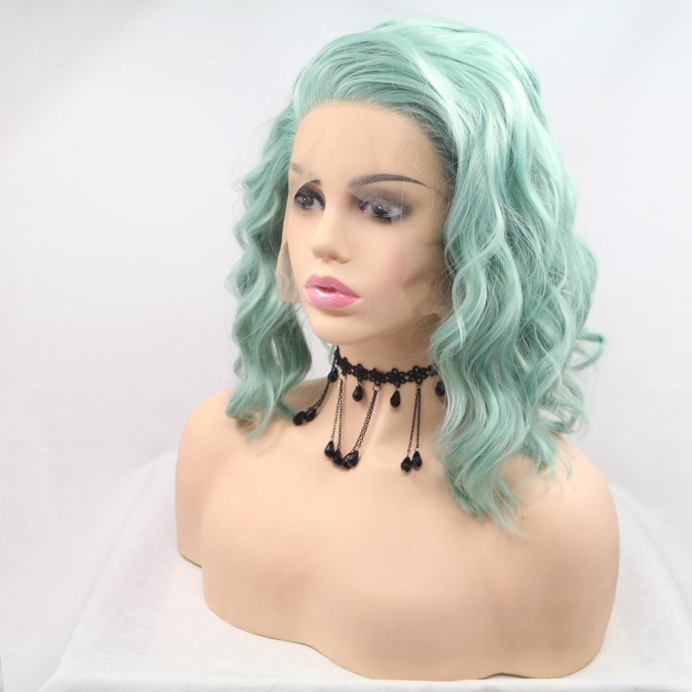 Weilai grön gradient kort lockigt hår peruk syntetisk spets front bob peruk sida del kvinnors hår värmebeständig fiber peruk: 12 tum
