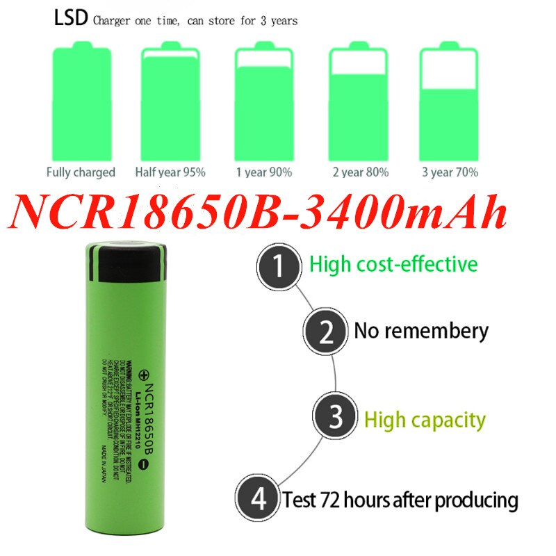 100% Original 18650 battery NCR18650B 3.7v 3400mah 18650 rechargeable lithium battery for flashlight batteries