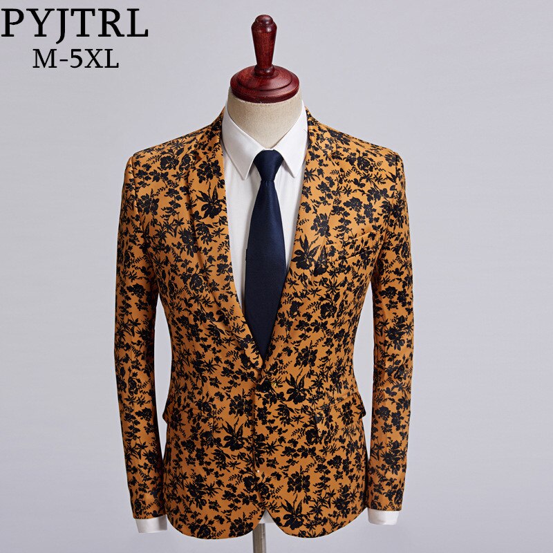 Pyjtrl men plus size casual kavaj orange svarta blommor mönster kostym jacka slim fit bröllop brudgum disfraz hombre scenkläder