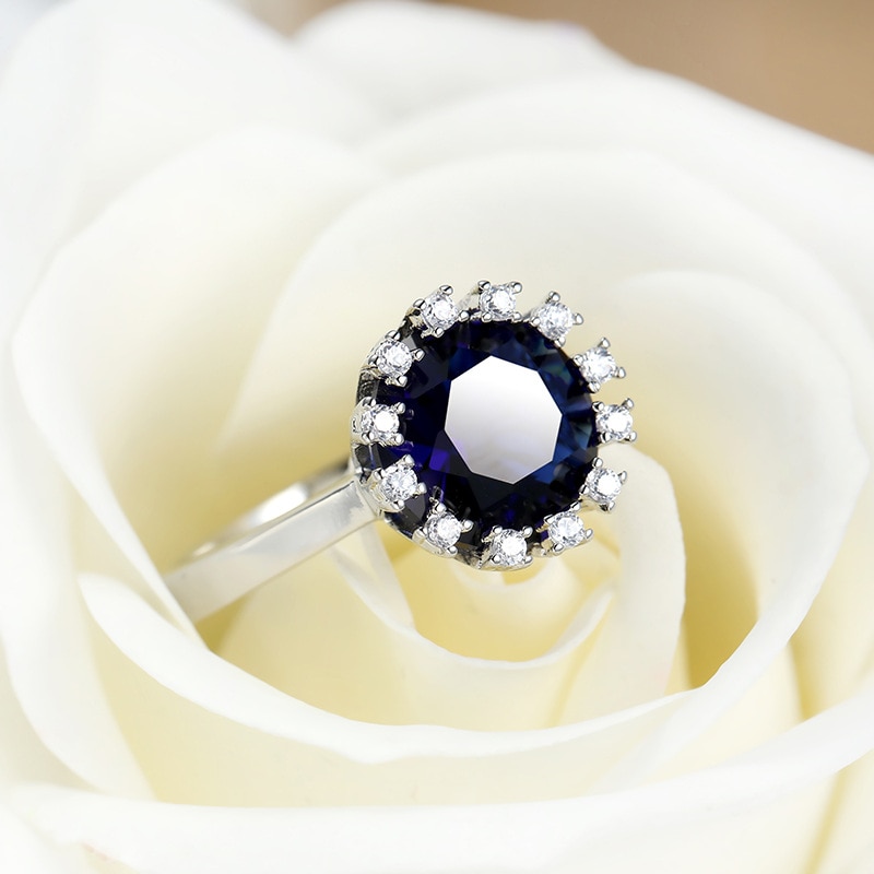 Anillo de compromiso de Color plata auténtica para mujer, joyería de boda, 1Ct, azul, CZ