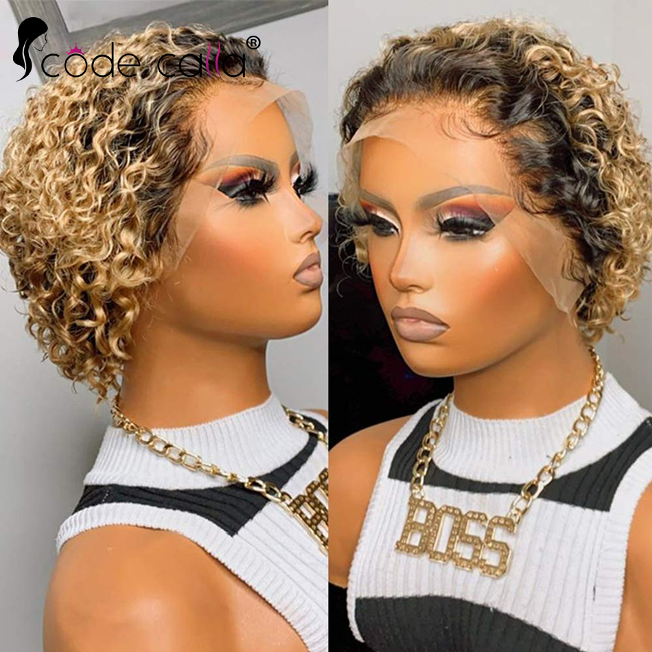 Peluca de cabello humano rizado para mujeres negras, Pelo Corto con corte Pixie, corte Bob, encaje frontal, 180 de densidad, 13x1, brasileño: DX1024