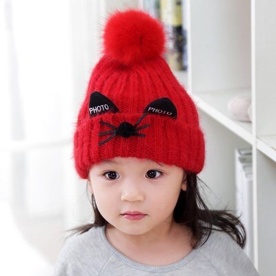 Children's Hat Autumn Winter Warm Thick Kids Hat 2-7 Year Old Children Hat with Velvet Knitting Wool Hat for Girls Boys: Red