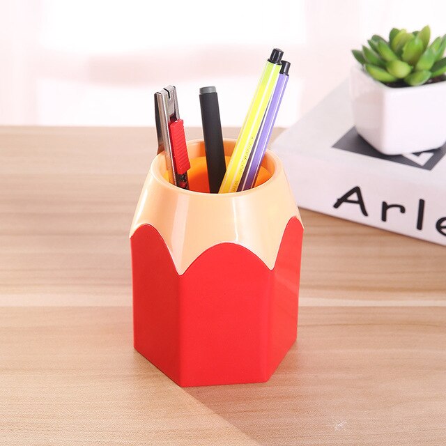Pencil Shaped Kawaii Pen Holder Makeup Brushes Holder Desk Stationery Organizer School Office Supplies Pen Container: Red