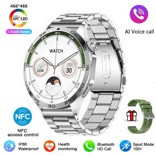 2024 novo para huawei xiaomi gt4 pro relógio inteligente masculino nfc gps rastreador amoled 466*466 tela hd freqüência cardíaca bluetooth chamada smartwatch: Dourado
