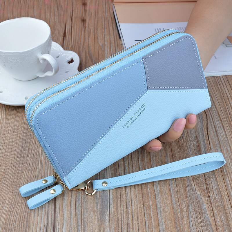 Women Zipper PU Leather Wallet Large Capacity Casual Simple Patchwork Waterproof Lady Wrist Band Handbag Card Phone Bag: Blue