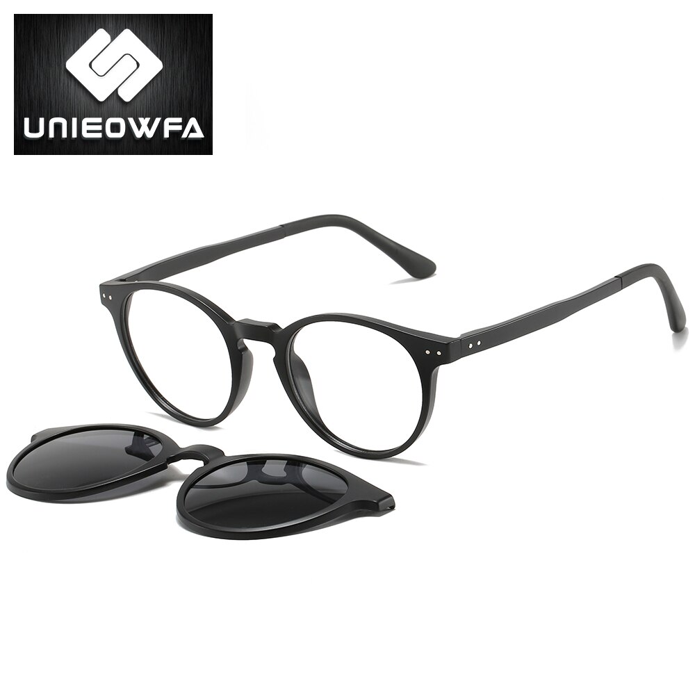 Polarized Magnet Clip On Glasses Frame Women Round Retro Prescription Frame Eyeglasses Men Optical Myopia Frame Blue Sunglasses: C1 Black Frame